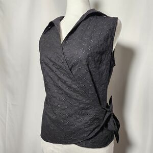 Ralph Lauren 100% Cotton Romantic Black Collared Floral Eyelet Wrap Top L